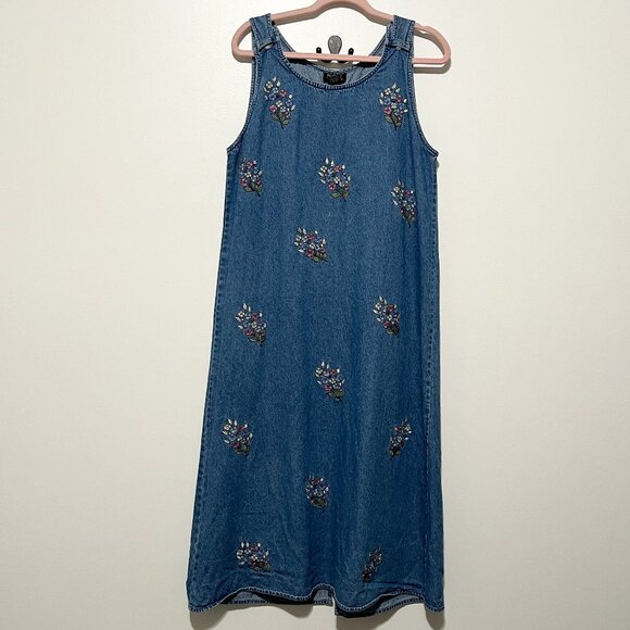Agapo Womens Maxi Denim Jumper Dress Sz L Embroidered Floral Cottagecore Teacher - Picture 1 of 9